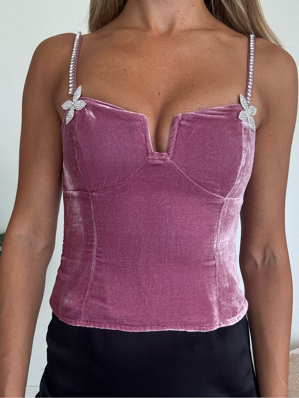 Reformation Velvet Sweetheart Cami Top in Mauve with Embellished Straps